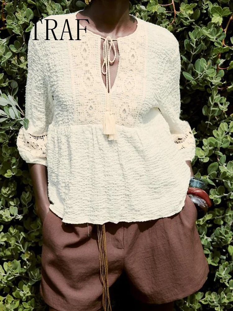 

TRAF European and American style summer new fashion casual women's wear lace-up design woven splicing V-neck long-sleeved shirt