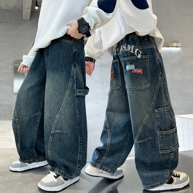 Boys Spring Autumn Straight Leg Cargo Jeans with Pocket Korean Kids Denim Pants Children Casual Trousers with Letter Pattern