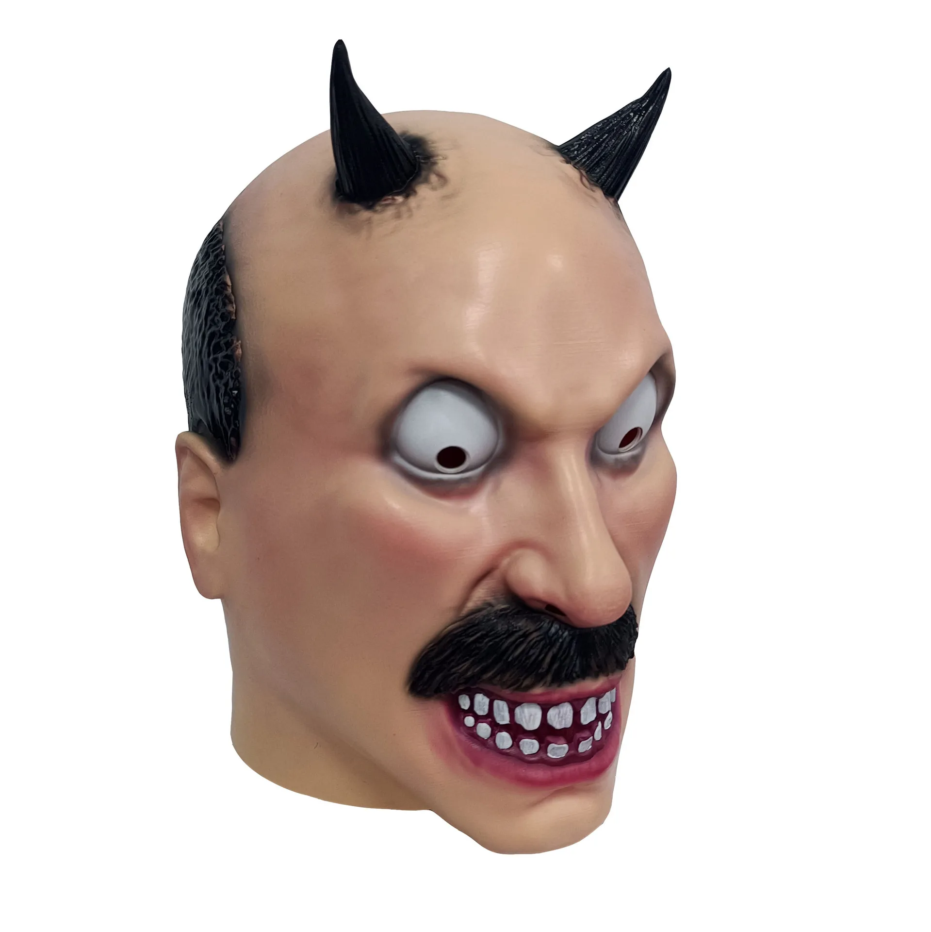 Lustige Gruselige Dämonen-Maske aus Latex mit Hörnern, Schnurrbart und Hervortretenden Augen für Erwachsene, Halloween-Cosplay, Maskerade-Party-Requisiten – Detail 3