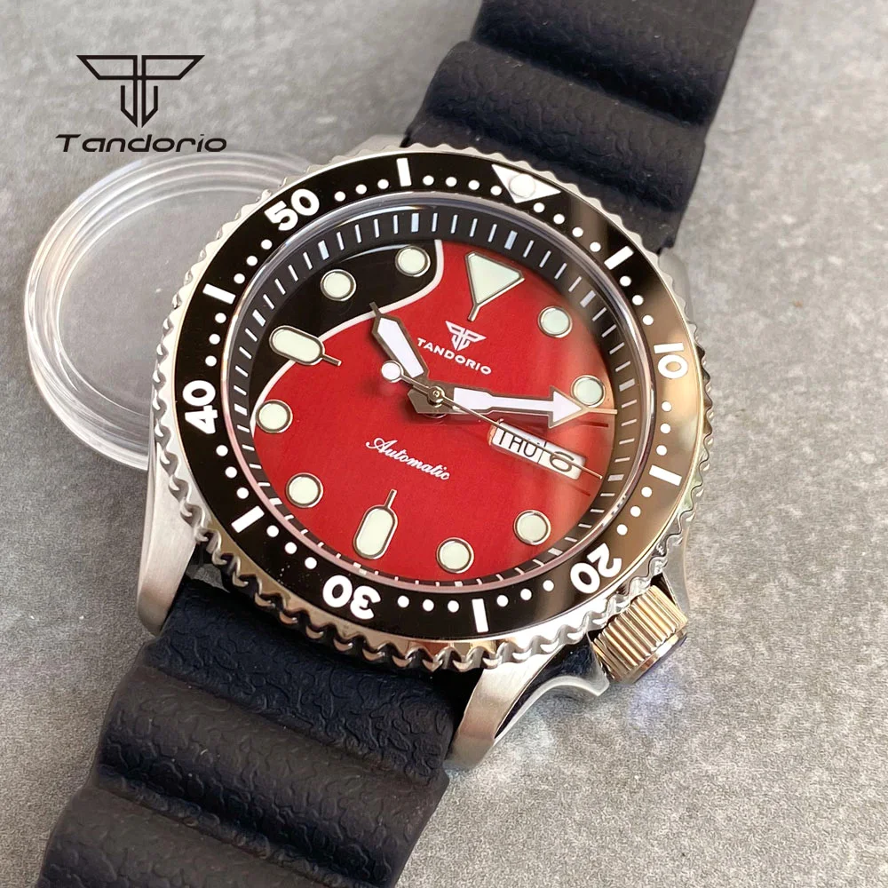 Tandorio Automatic NH36 Diver 41mm Men Watch Black/Red Dial Sapphire 20ATM Double Date Skx Style Stainless Steel Watches Lume