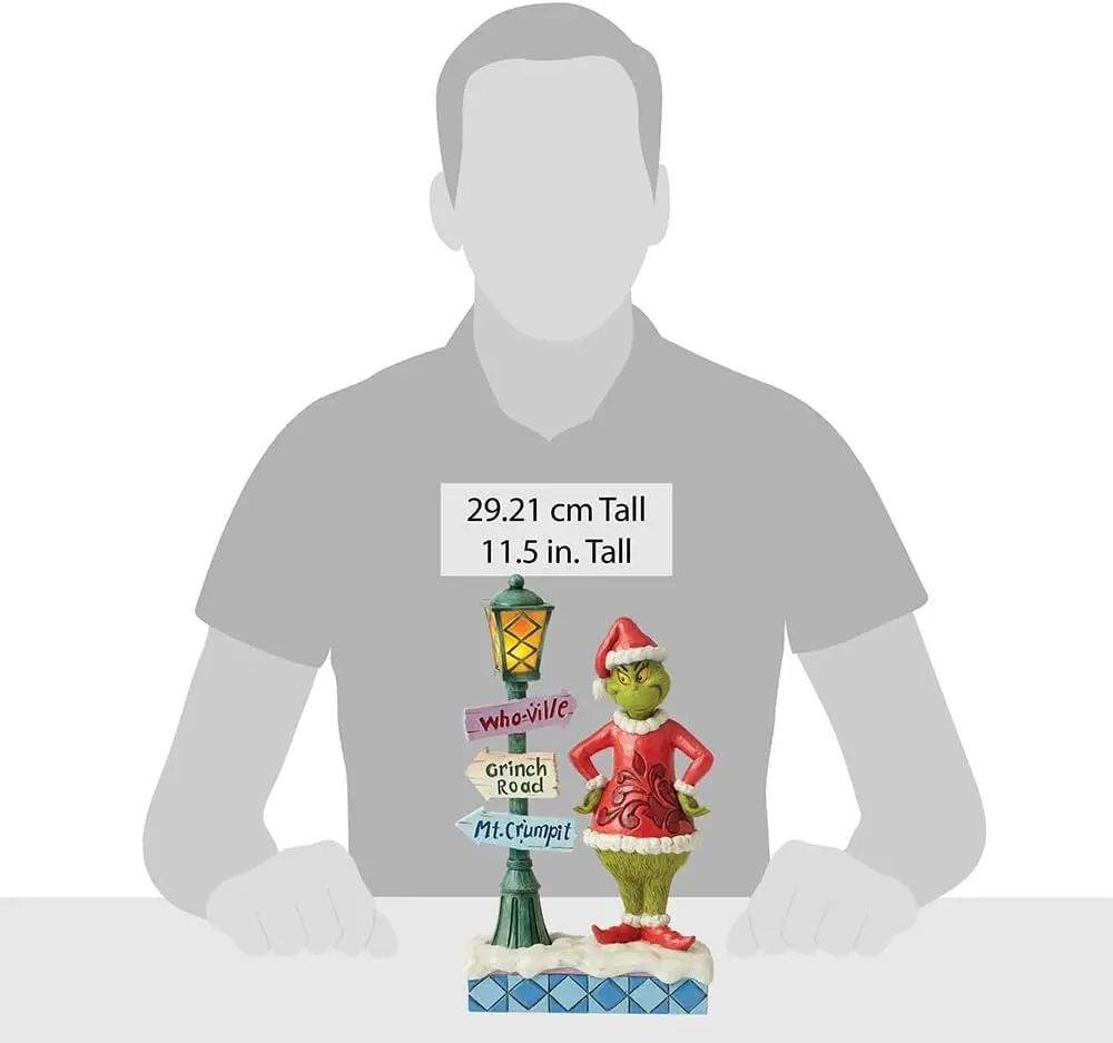 تمثال Grinch Santa مع مصباح شارع LED، ديكور عيد الميلاد مصنوع يدويًا من الراتنج الحجري، مقاس 10.24 بوصة متعدد الألوان قابل للتجميع