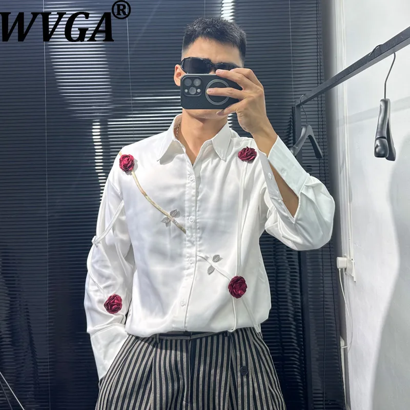 

WVGA Spring Autumn New Man Tide Dark Style Three-Dimensional Rose Trendy Long Sleeve Shirt Vintage Niche Chic Casual Tops W14396