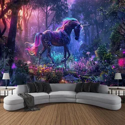 Unicorn Printed Tapestry, Dreamy Forest Landscape, Wall Hanging, Living Room, Bedroom Wall Decoration, Home Background Poster
