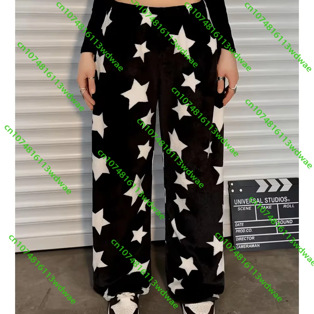 Y2K Women's Black Plush Warm Home Attir Pants with White Five Pointed Star Pattern Autumn Winter Girls Loose Casual Comfortable