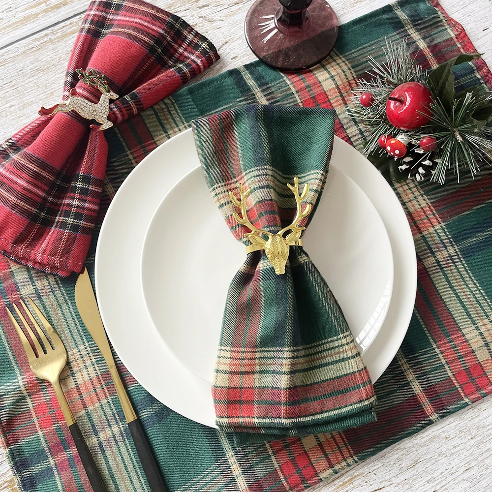 12 adet noel kırmızı yeşil bez peçeteler İskoç Tartan ekose Placemats yeni yıl noel dekoratif şenlikli ev partisi masa süsü
