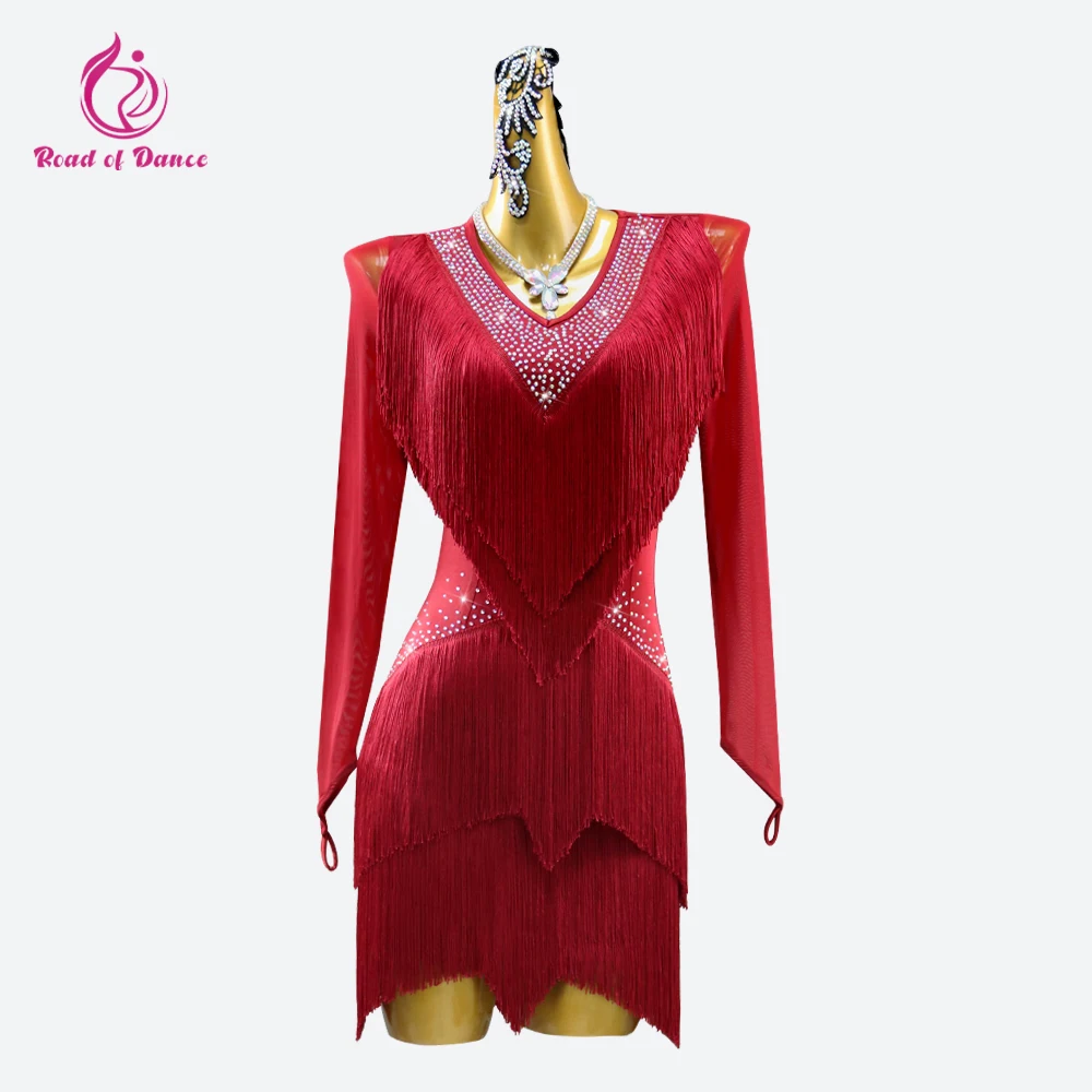 

Red Latin Dance Dress Party Line Clothing Women's Ball Suit Sports Outfit Costume Competition Dancewear Prom Girls Fringed Skirt