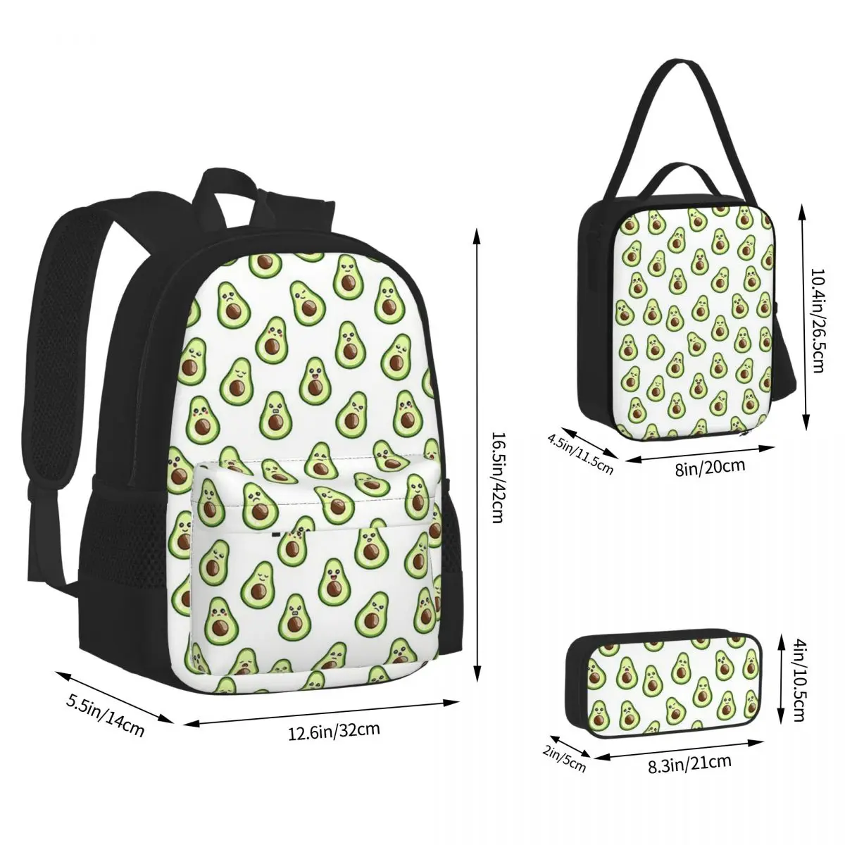 Divertenti emoticon di Avocado zaini ragazzi ragazza Bookbag studenti borse da scuola cartone animato bambini zaino pranzo borsa penna Set tre pezzi