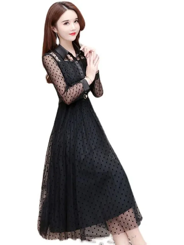 Fake Two-piece Gauze Dress Women Spring and Autumn 2024 New Fashion Mother Installed Waist-shrinking and Slim Polka-dot Skirt