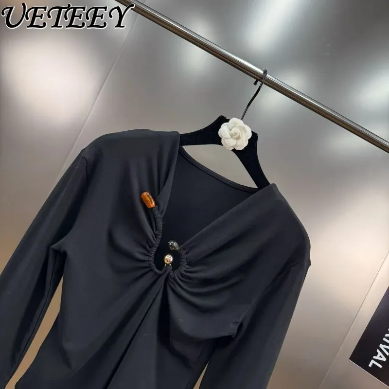 

Осень-зима, новый черный облегающий универсальный комбинезон с v-образным вырезом и внутренним слоем, базовая рубашка, футболка с длинными рукавами для женщин