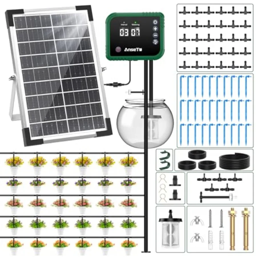 8W Solar Drip Irrigation System for Gardens DIY Automatic Drip Kit Supports Watering 30 Pots Includes 35m Drip Hose and 30 Emit
