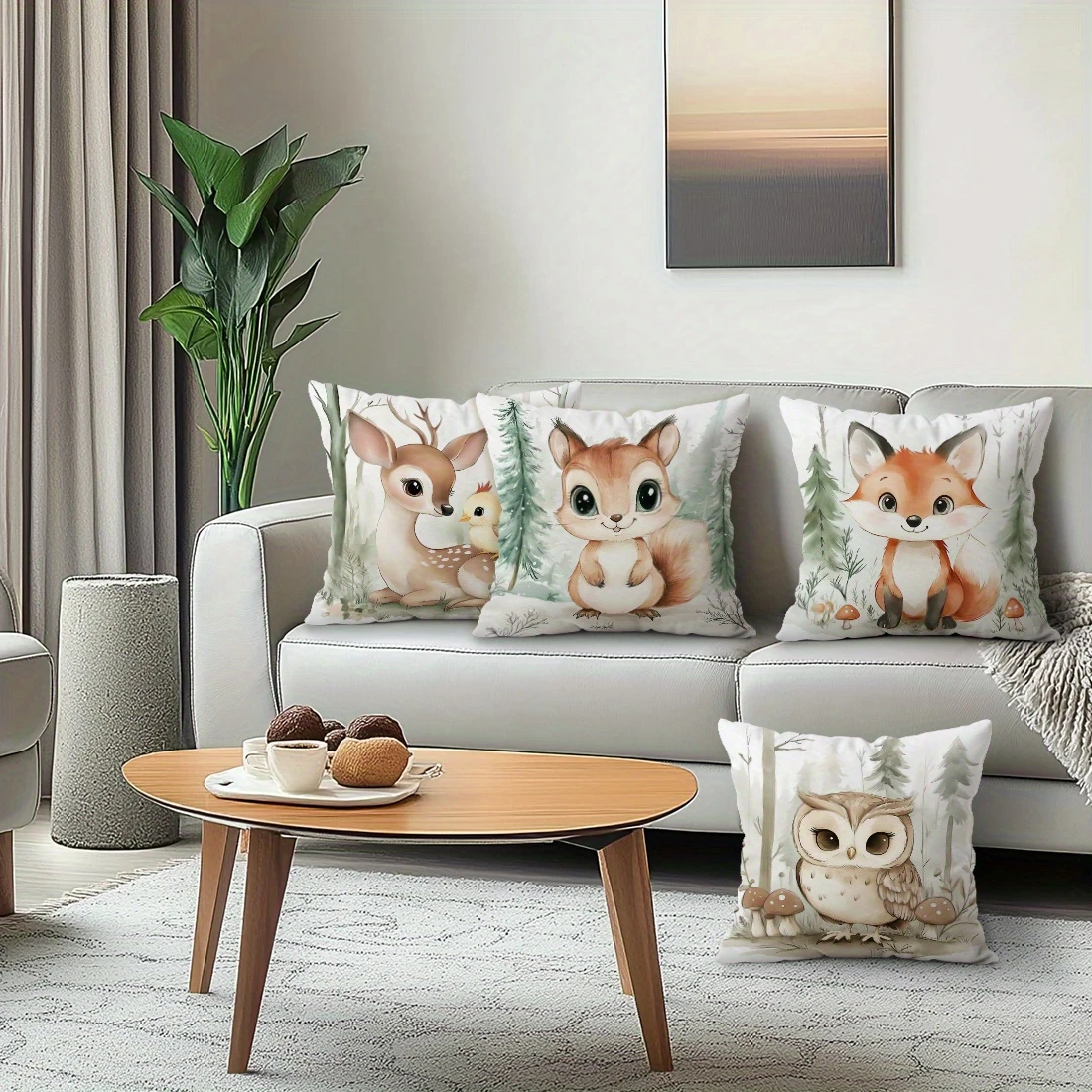 1PC 2D Flat Watercolor Forest Animal Throw Pillow Covers Cute Deer Squirrel Fox Owl Cushion Cases for Kids Bedroom Nursery Decor