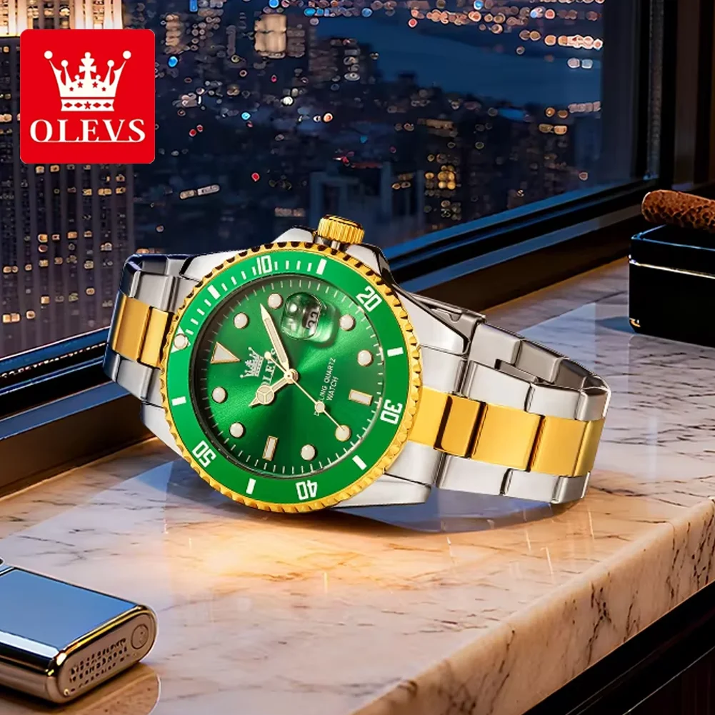 OLEVS 5885 Luxury Men's Quartz Watches Original Stainless Steel Rotation Bezel Green Water Ghost Diving Series Sports Man Watch
