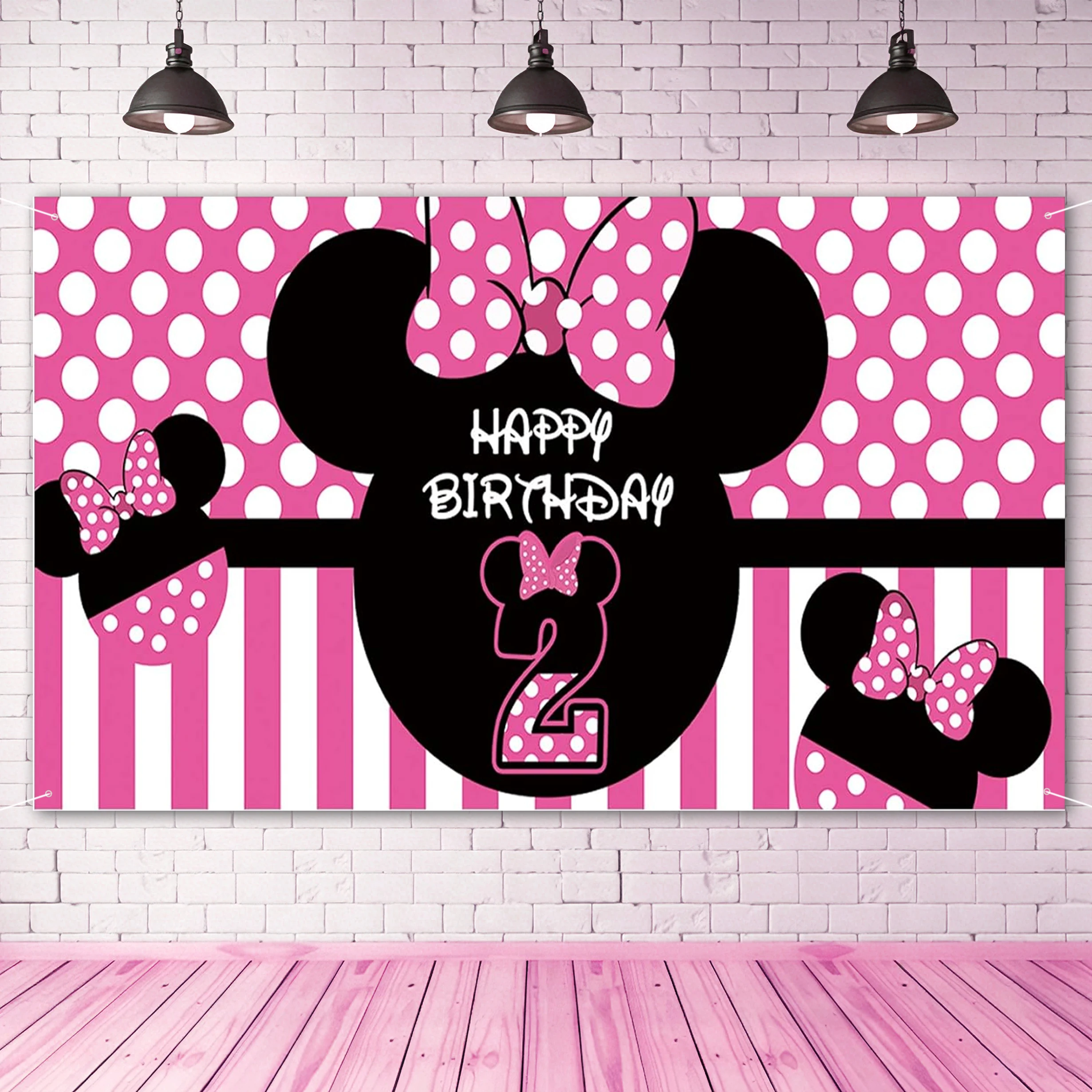 Fondo de Fiesta de Cumpleaños Número 2 de Minnie Mouse con Puntos Rosa y Negro para Niñas, Pancarta de Feliz Cumpleaños Número 2 con Lazos y Rayas, Segundo Cumpleaños Infantil