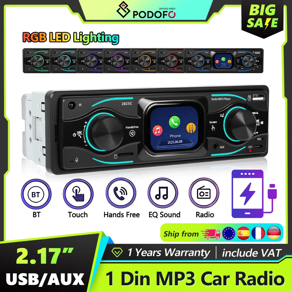 Podofo 1DIN 2,17'' Auto-Multimedia-Player FM AUX-IN EQ Typ-C Schnellladung Autoradio U-Disk/TF-Karte BT USB Lenkradsteuerung