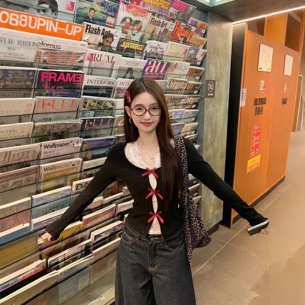Women 2 Piece Outfit Korean Sweet Spicy Aesthetic Long Sleeve Cardigan + Lace Cami Top, Unique Designer Early Fall Layering Set