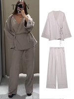 TFMLN 2025 New Women Kimono Blouse Pants Sets Vintage V-neck Long Sleeve Lace Up Loose Top Elastic Waist Wide Leg Pant Outfits