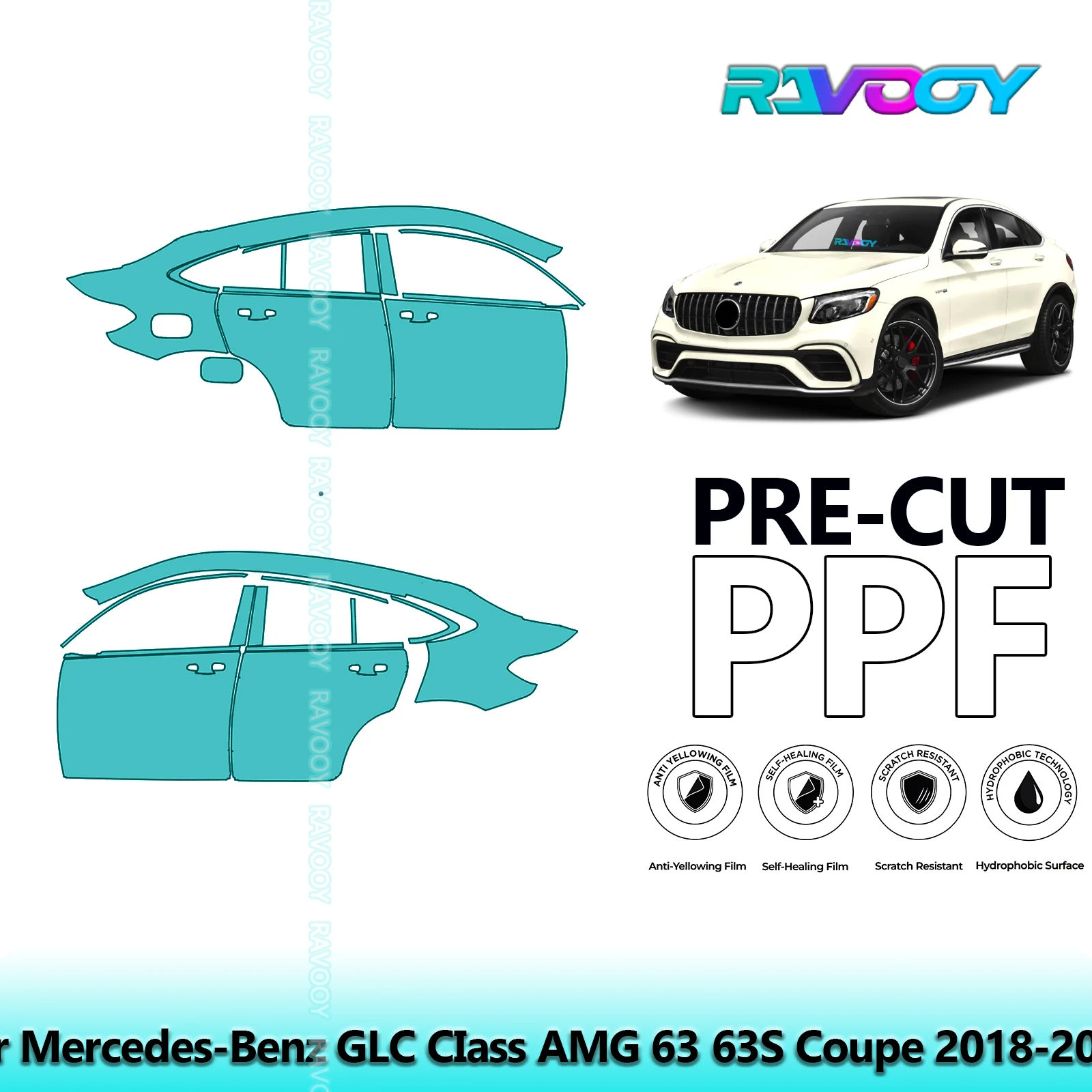 

For Mercedes-Benz GLC CIass AMG 63 63S Coupe 2018-2019 8.5mil Pre-Cut PPF Door & A/B Pillar Kit TPU Paint Protection Film Set