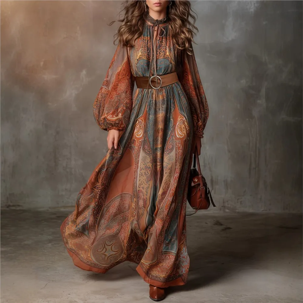 Bohemian Print Dress For Women Vintage Stand Collar Lantern Long Sleeve Belted Waist Chiffon Autumn Elegant Loose Long Dresses