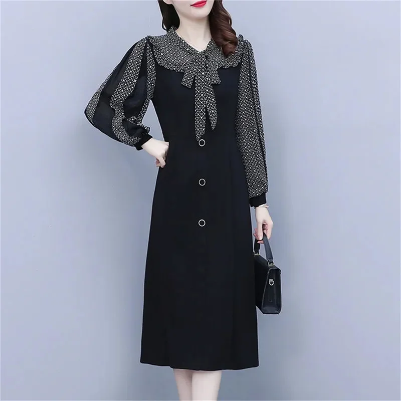 

2023 New Dress Women's Spring Autumn Oversized Women's Loose Slim Fragmented Flower High Grade Long Sleeve A-line Dress Black