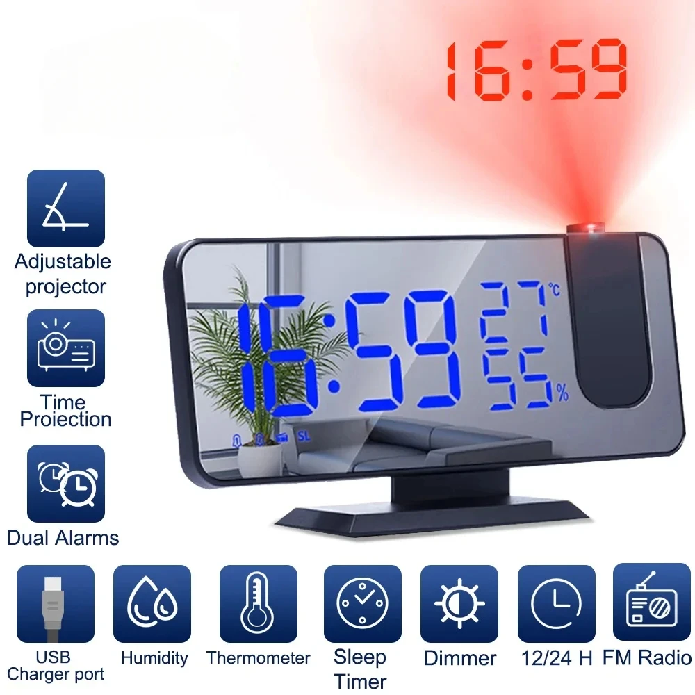 LED Digital Projection Alarm Clock USB Electronic Ceiling Projector Multifunctional Radio Bedroom Bedside Desktop Clock