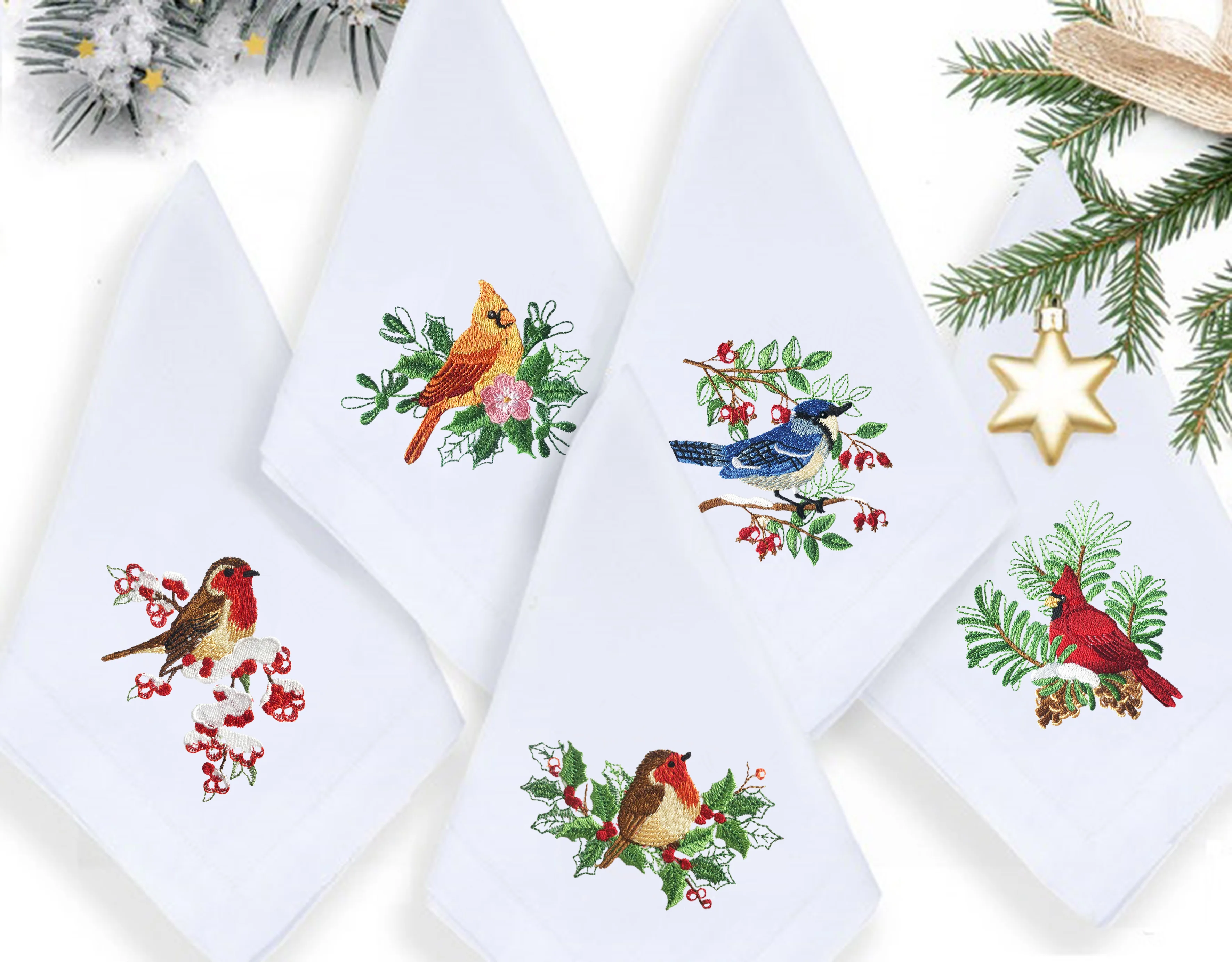 @Adorable Christmas Birds Embroidery Napkin, Placemat, Hemstitch, Cotton+Linen, Table Decoration