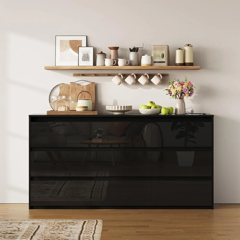 حامل تلفزيون أسود، خزانة تخزين مع 9 أدراج لغرفة النوم، خزانة كبيرة حديثة عالية اللمعان لمكتب غرفة المعيشة (63 بوصة عرض)