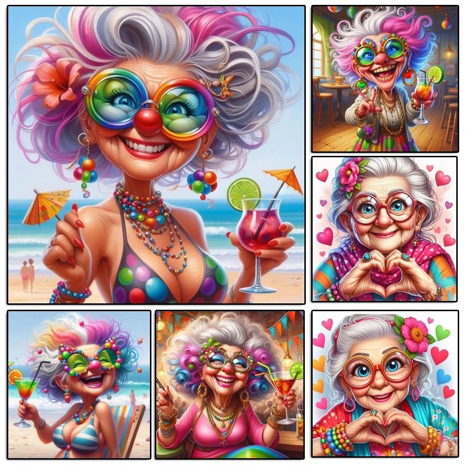 Amazing Happy Granny Cocktail 5D DIY Full Diamond Painting Cross Stitch Kits Sea Beach Leisure Life Mosaic Diamond Embroidery