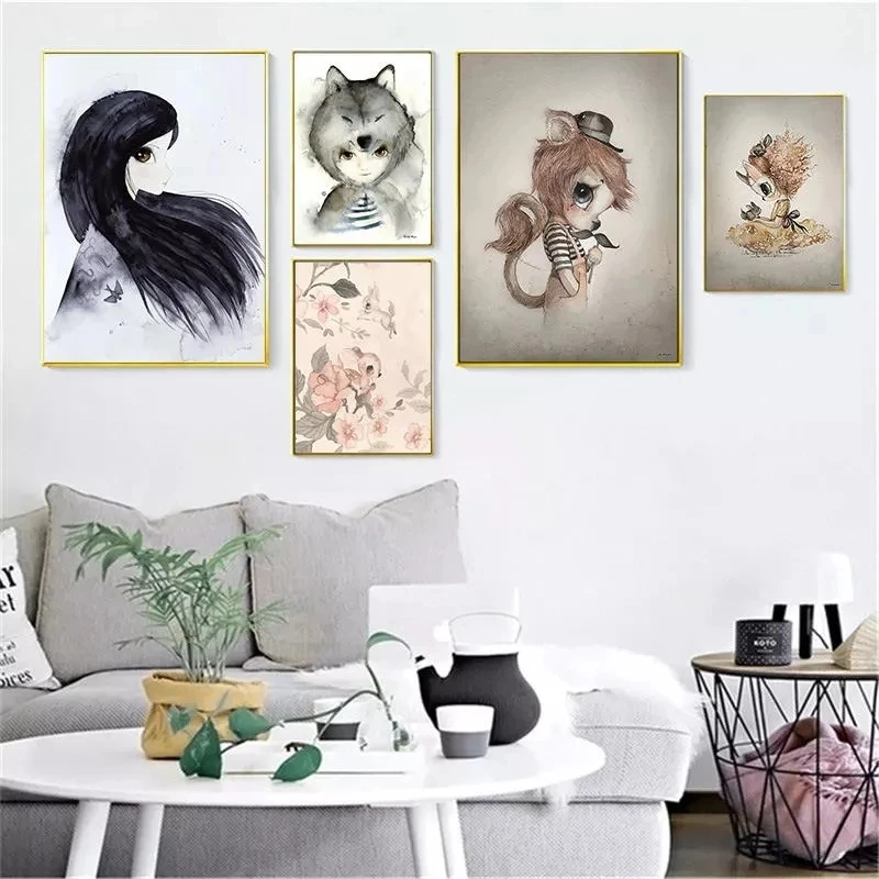 Living Room Home Deer Rabbit Angle Wing Animal Nordic Canvas Painting Poster and Print Girl Bedoom Wall Picture Abstract Decor