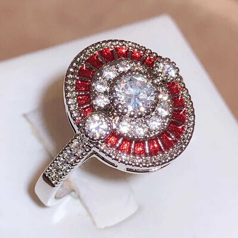 New Round Full Diamond Encrusted Red Zirconia Ring For Women 925 Stamp Fashion Wedding Party Jewellery Gift Wholesale