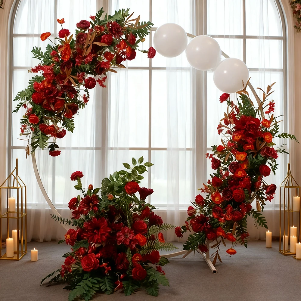 

Synthetic Flowers Wholesale Artificial Silk Red Floral Row Flower Runner Wedding Decoration Stage Backdrop Background Round Arch