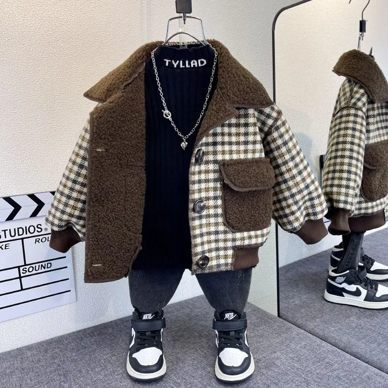 Girl Children\'s Clothing Fleece Plaid Single Breasted Jacket 2026 New Boy Autumn Winter Jacket Baby Korean One-piece Fleece Top