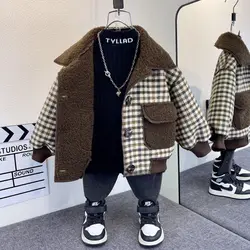 Girl Children's Clothing Fleece Plaid Single Breasted Jacket 2026 New Boy Autumn Winter Jacket Baby Korean One-piece Fleece Top