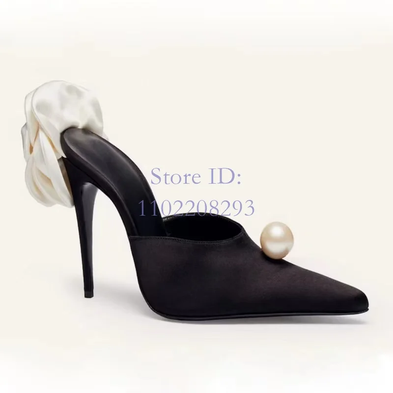 

Pointed Pearl Silk Flower Stiletto Slippers Thin High Heeled Black Sandals Women Shallow Slippers 2024 Summer New Arrival Shoes