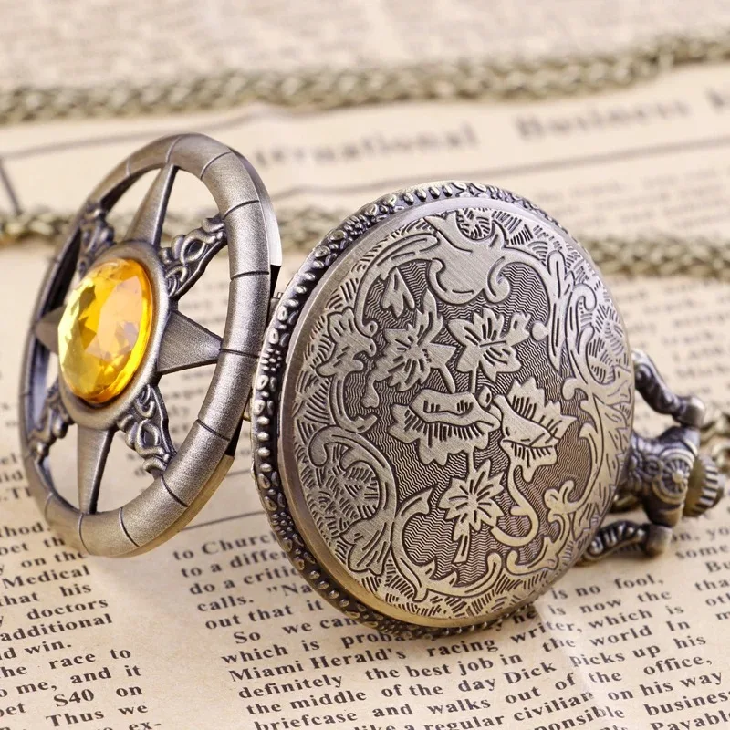 جوفاء الأصفر ماجيك الأحجار الكريمة مطعمة البوصلة خمر ساعة جيب كوارتز قلادة سلسلة بدلاية فريدة من نوعها ساعة مجوهرات هدية