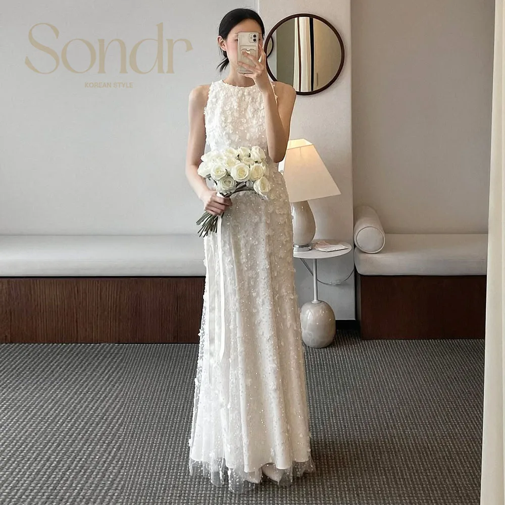 Sondr 高級女性パーティードレス 結婚式用 カスタマイズされた韓国 O ネック ノースリーブ ウェディングドレス フロアレングス ブライダル写真撮影