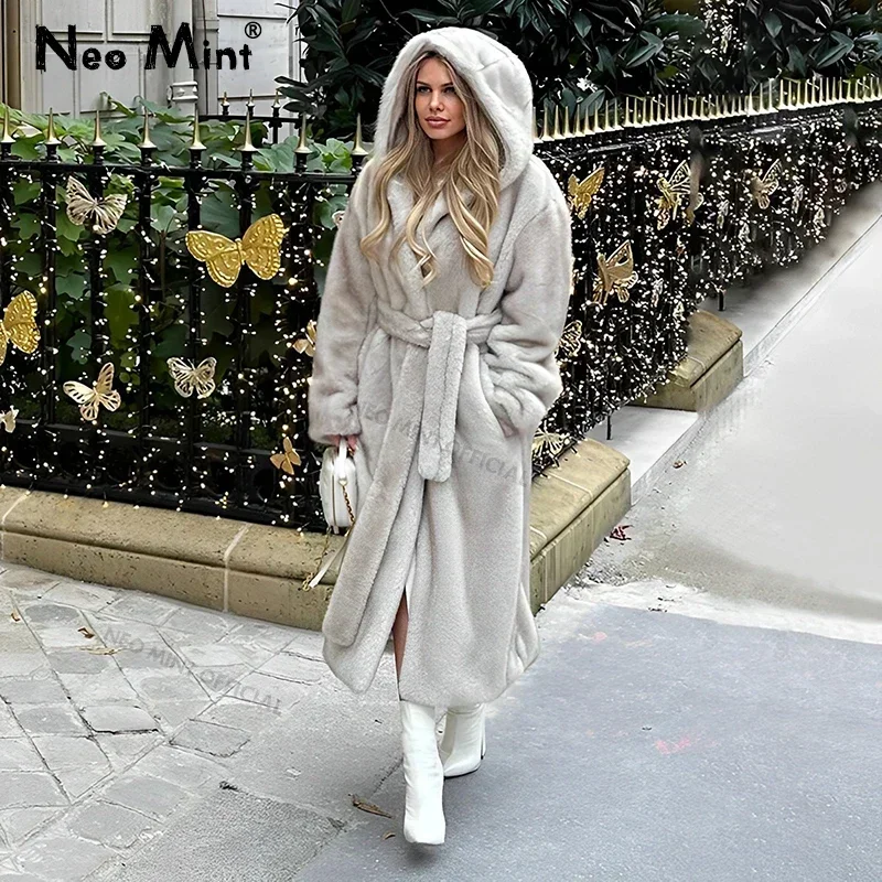 Neo Mint 2024 Winter Belted Eco Mink Fur Coat Women Beige Gradient Furry Faux Fur Jacket Luxury Brand Hooded Outerwear Overcoat