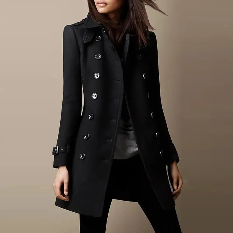 New Women's Autumn Winter Woolen Coat Loose Casual Classy Mid-Length Nicole Outerwear Double-Breasted Polyester Triacetate
