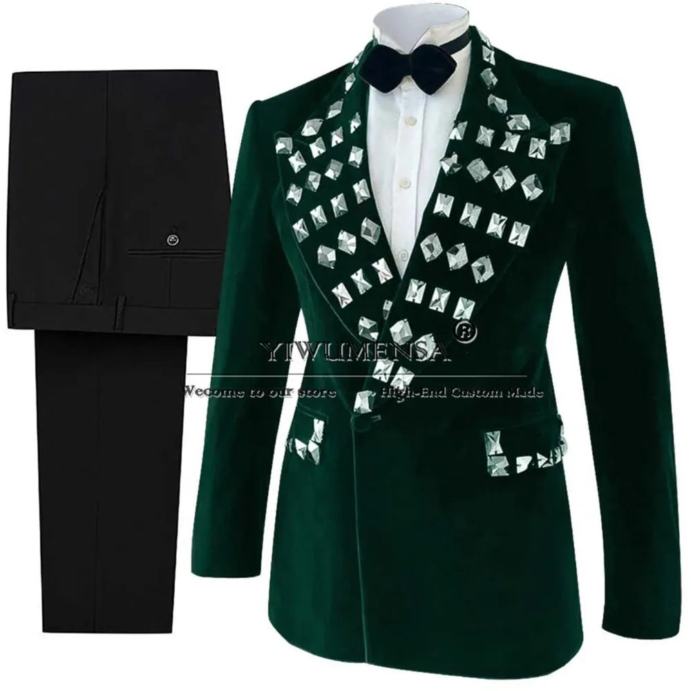 

Glitter Sequins Mens Tuxedos Peaked Lapel Crystal Stones Groom Party Birthday Formal Wear 3 Pieces With Black Pants Customized
