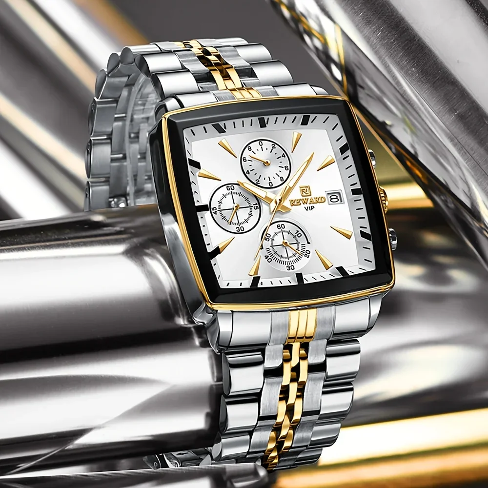 REWARD 81100M Luxury Steel Strip Quartz Men's Watch Square Waterproof Calendar Chronograph Luminous Watches for Men Reloj Hombre
