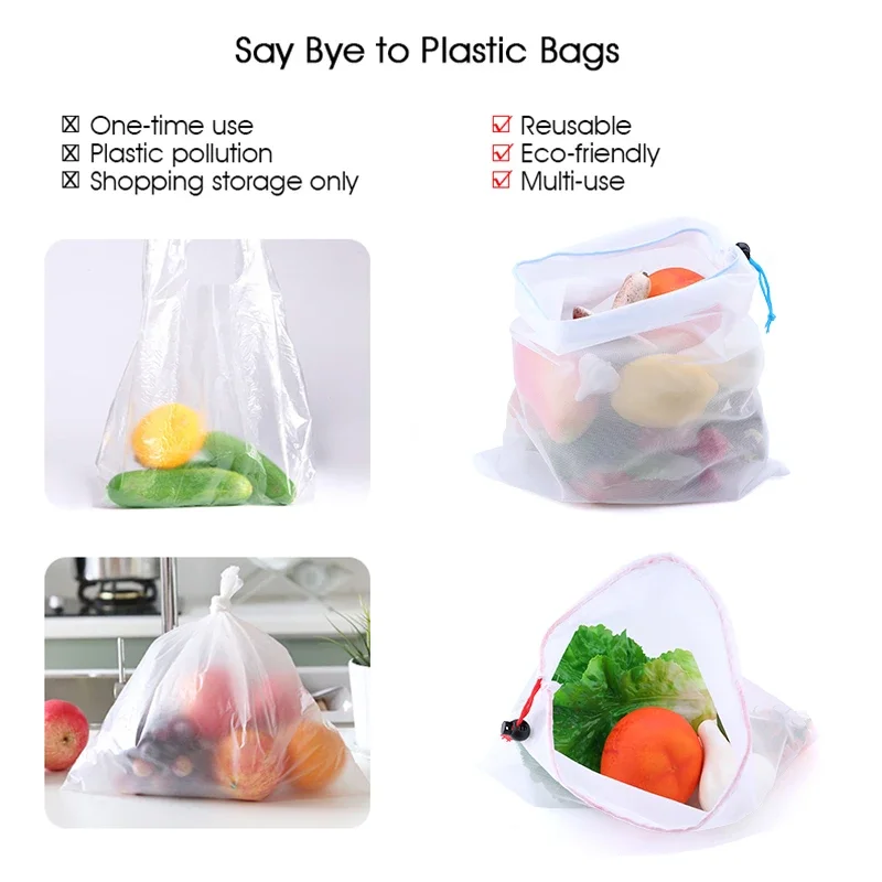 3Pcs Mesh Storage Bags Transparent Reusable Fruit Vegetable Bags Net Pocket Produce Washable Mesh Bags Kitchen Storage Baskets
