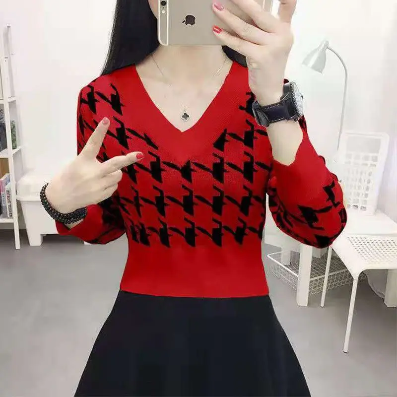 Fashion V-Neck All-match Houndstooth Sweater Female Clothing 2023 Autumn Winter New Casual Pullovers Commuter Tops