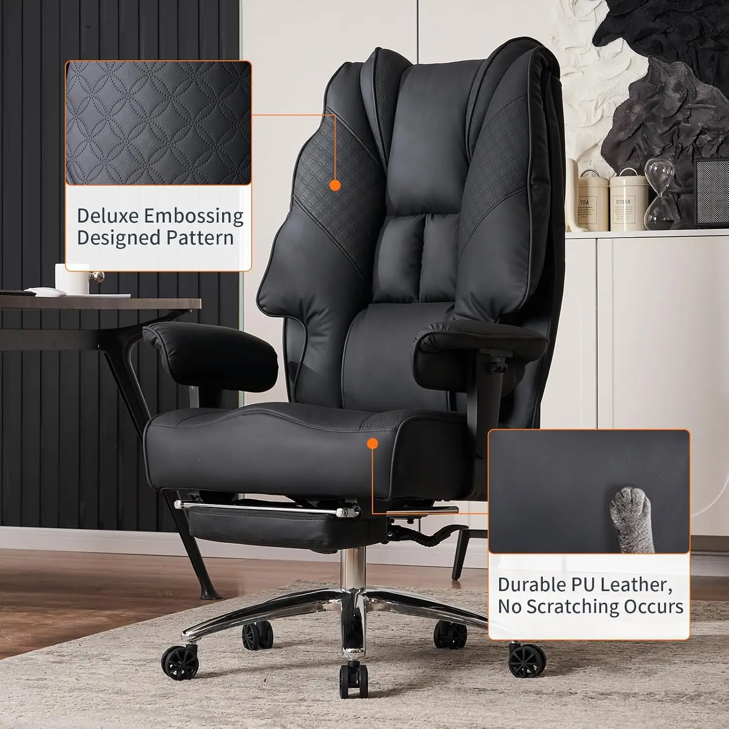 Silla de oficina ejecutiva grande y alta, capacidad de 400 libras, respaldo alto de cuero con reposapiés, soporte lumbar ergonómico (negro)