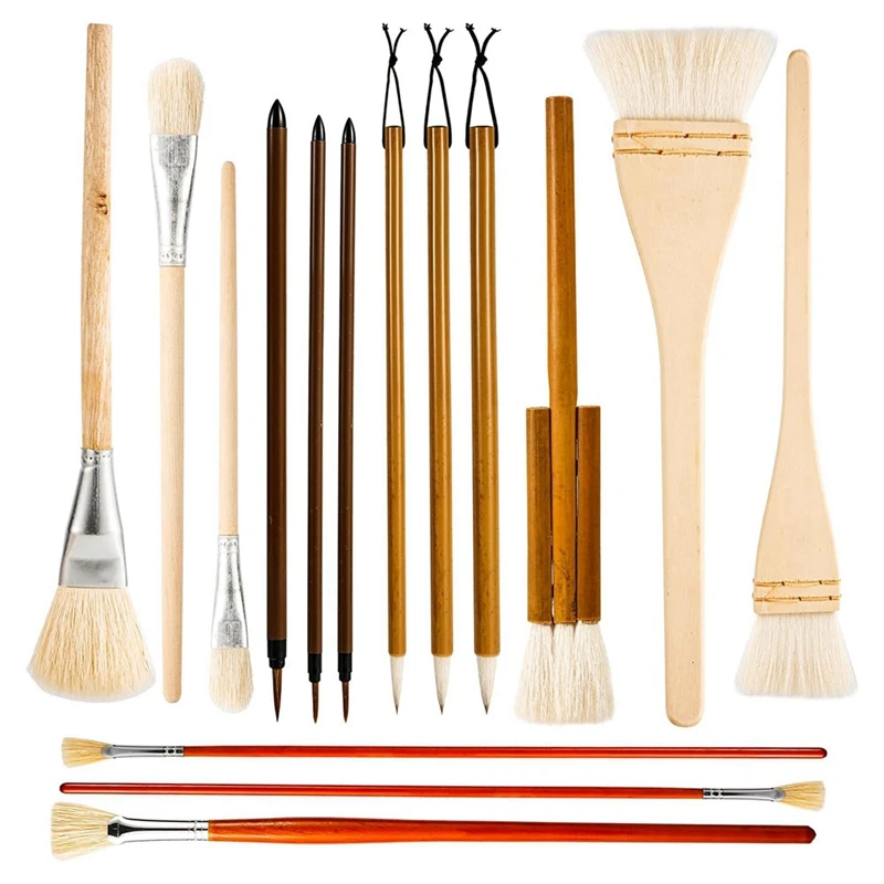 15Pcs Pottery Glaze Brushes,Wood Long Handle Artist Fan For Acrylic Watercolor Pottery Oil Painting Students Kids Adults Durable