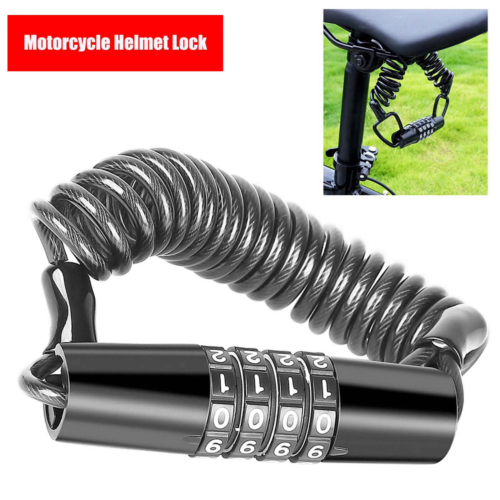 

Motorcycle Helmet Lock Cable Lock Thickened Steel Cable Tough Combination 3 Digit Password Anti-Theft Carabiner Fix Scooter