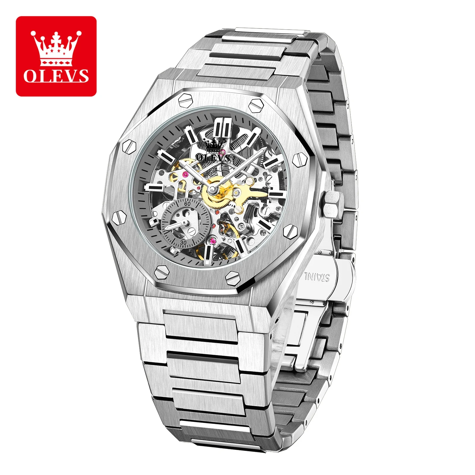 OLEVS 6669 ساعات أوتوماتيكية للرجال ساعات رجالية ميكانيكية مجوفة بالكامل من الفولاذ المقاوم للصدأ مقاومة للماء ساعة رجالية فاخرة مضيئة #2
