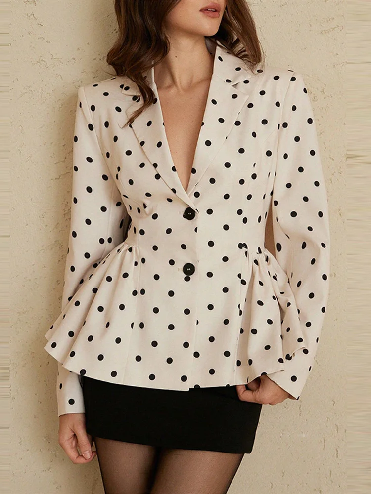 Gepunktete Taillenbetonte Mäntel für Damen Eleganter Revers Langarm Einreihiger Plissierter Schlanker Blazer Schicke Büro-Damen Neue Oberbekleidung – Detail 6