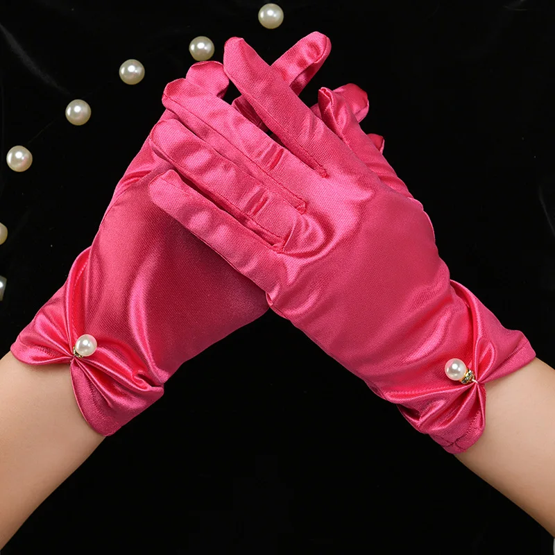Weiße Satin-Hochzeitskleid-Handschuhe, kurz, elegant, Blütenblatt, Perlenschleife, Netzstoff, Brauthandschuhe, vielseitiges Foto-Accessoire, Perlen-Retro – Detail 16