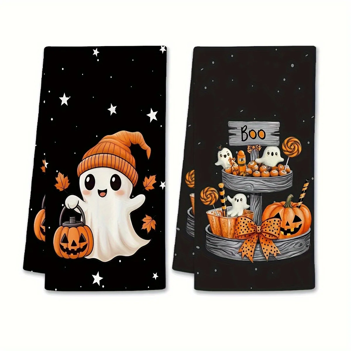 Cleaning cloth 2PCS kitchen towels 2 Halloween kitchen towels with cute ghosts, pumpkins and spooky star motifs -