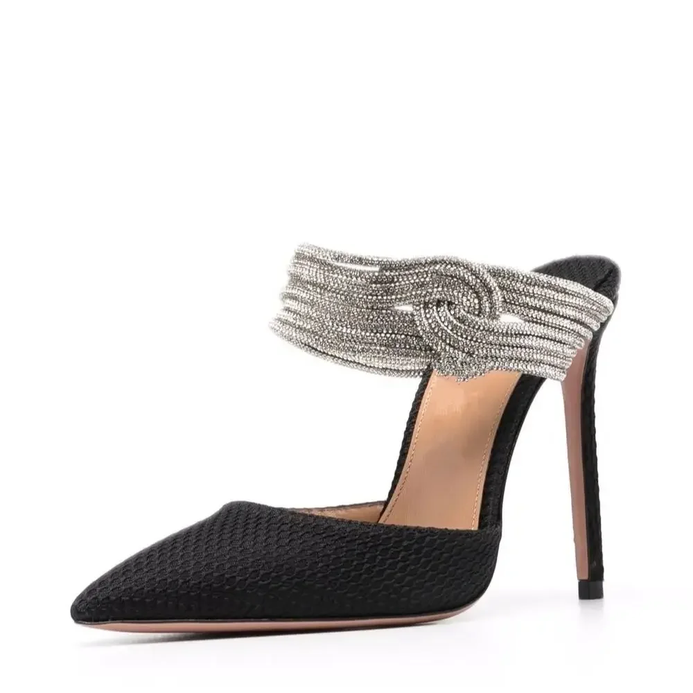 

Thick Metal Chain Ankle Wrap Pumps Slip On High Stiletto Heel Luxury Wedding Praty Black Silver Shoes Women Customized Ladies