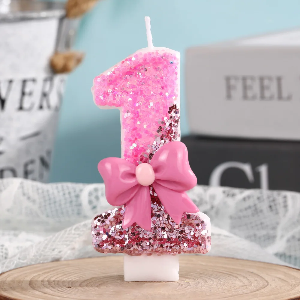 Vela de cumpleaños Digital, vela de Color a juego con lentejuelas y lazo, vela decorativa para pastel de aniversario